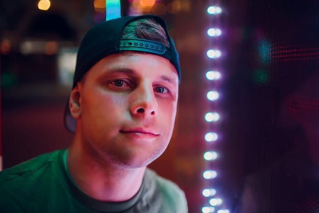 A close-up shot of an esports player's face during a critical moment in a US tournament. The player's expression is a mix of intense concentration and determination, showcasing the mental effort required. This captures the essence of Esports Tournament Mental Preparation: Strategies for Staying Focused Under Pressure in US Competitions.