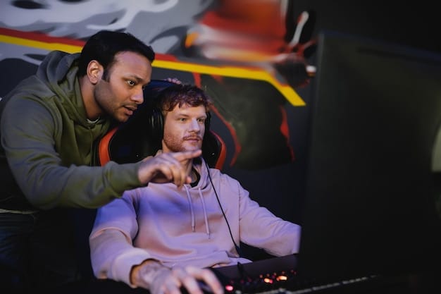 An esports coach working with a player, demonstrating a relaxation technique. The coach is guiding the player through deep breathing exercises, emphasizing the importance of calm and focus during Esports Tournament Mental Preparation: Strategies for Staying Focused Under Pressure in US Competitions.