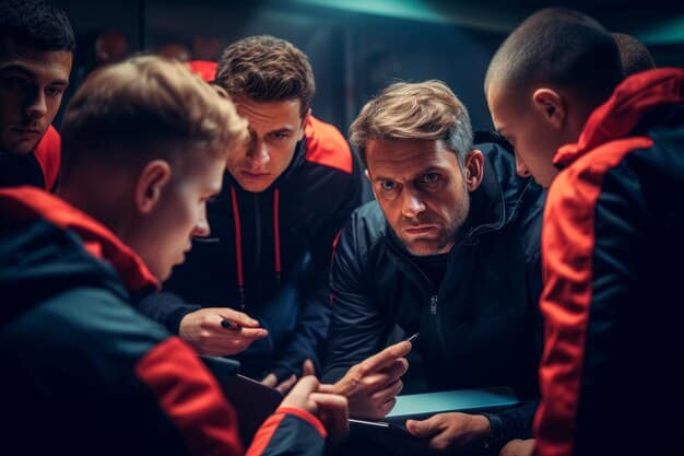 An esports team in a huddle, with their coach giving them strategic advice before a tournament match. The scene illustrates the teamwork and strategic planning facilitated by Esports Tournament Coaching: Finding the Right Mentor to Elevate Your Game in the US.