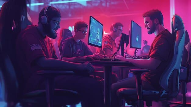 A team of esports players gathered around a table, reviewing data analytics on a laptop screen. They are discussing strategies and adjusting their gameplay based on the insights gained from the data. The atmosphere is collaborative and focused on improving their performance in Esports Tournament Data Analysis: Using Stats to Improve Your Performance in US Competitions.