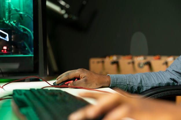 A close-up shot of a technician examining the hardware setup at an esports tournament. Wires are visible, and the focus is on the technician's hands as they check the connections. The image communicates the technical aspects of Esports Tournament Anti-Cheating Measures: Ensuring Fair Play in US Tournaments.