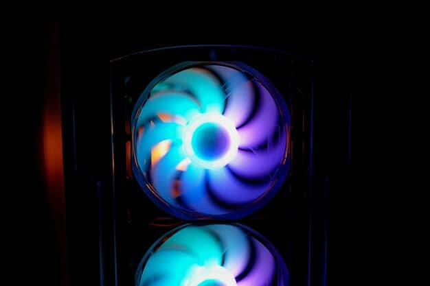 A detailed shot of a CPU cooler's fan spinning, with subtle RGB lighting, emphasizing the internal workings of a high-performance PC under load, relevant to processing anti-cheat software.
