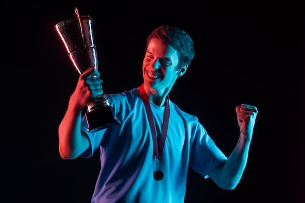 A professional esports player celebrating a win on stage, holding a trophy with confetti falling around them, symbolizing financial success and achievement.