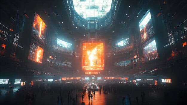 A grand stage of The International tournament for Dota 2, with professional players intensely focused on large gaming screens, bathed in dramatic stadium lighting, and surrounded by a vast audience.