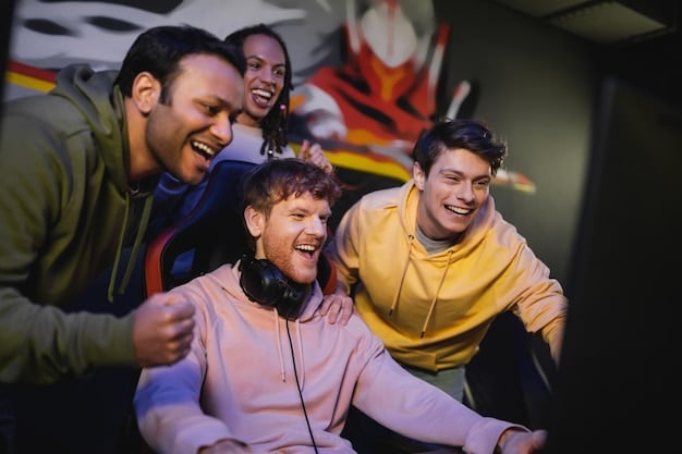 A diverse group of young, energetic esports players celebrating a victory with high-fives and smiles, in a modern gaming lounge environment, hinting at camaraderie and growing opportunities.