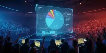 Esports players competing in a futuristic arena with a holographic display showing prize pool regulation impact.