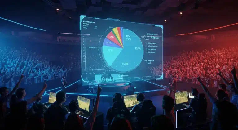 Esports players competing in a futuristic arena with a holographic display showing prize pool regulation impact.