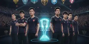 Professional esports players on stage with team logos and a holographic trophy, representing the 2026 NA LCS season.