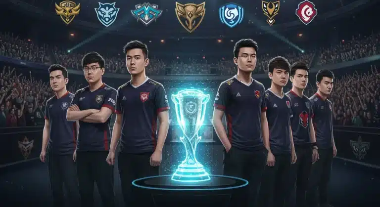 Professional esports players on stage with team logos and a holographic trophy, representing the 2026 NA LCS season.