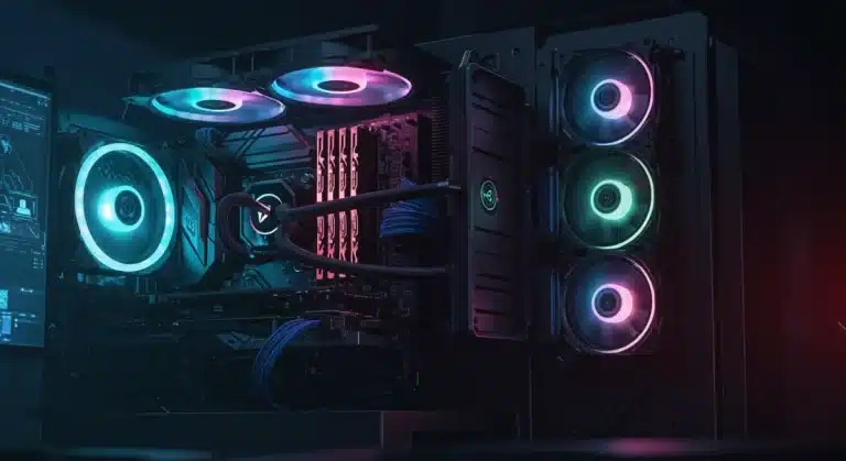 AIO liquid cooler and air tower side-by-side, cooling high-end CPUs in a modern PC build, illustrating advanced cooling solutions for 2026.