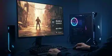 Gamer experiencing smooth 60+ FPS gameplay with NVIDIA DLSS 3.5 on a mid-range PC setup