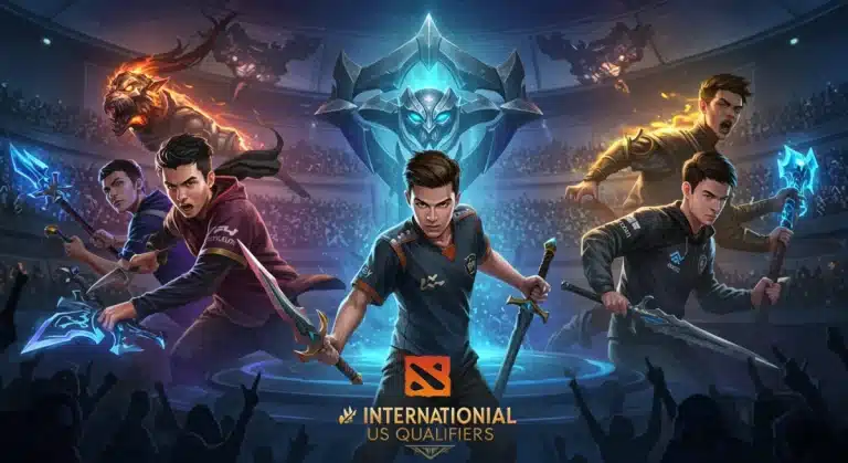 Dynamic illustration of DOTA 2 teams competing for International 2026 US Qualifiers
