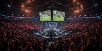 Dynamic esports arena with cheering fans and focused pro players