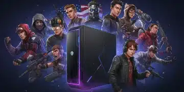 Dynamic PC gaming setup with diverse game characters and glowing news announcements, symbolizing critical updates for US players.