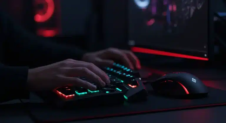 Ergonomic gaming setup with split keyboard and vertical mouse