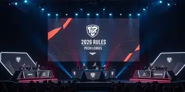 Esports arena with ESL Pro League 2026 rules on screen and competing teams.