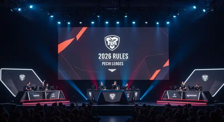 Esports arena with ESL Pro League 2026 rules on screen and competing teams.