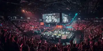 Dynamic esports arena with large screens, celebrating a 20% increase in US tournament sponsorships.