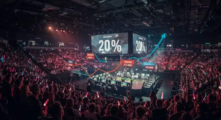 Dynamic esports arena with large screens, celebrating a 20% increase in US tournament sponsorships.