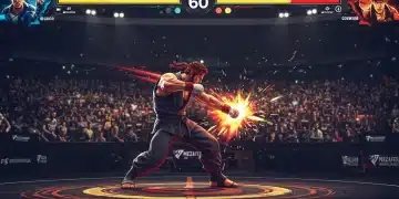 Dynamic fighting game character on screen with esports arena backdrop