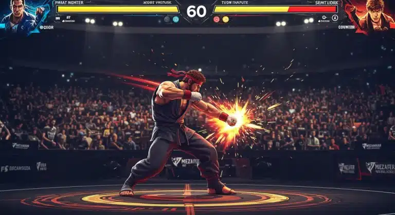 Dynamic fighting game character on screen with esports arena backdrop