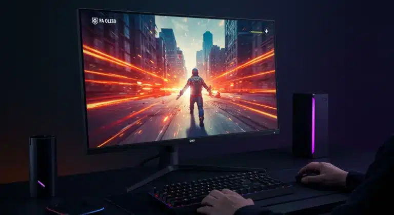 Futuristic gaming setup with a 240Hz OLED monitor displaying a high-action game