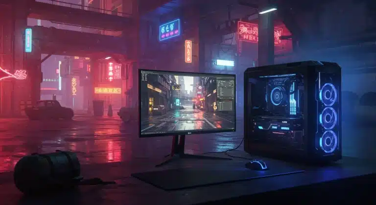 Futuristic city game scene with advanced Ray Tracing 2.0 effects