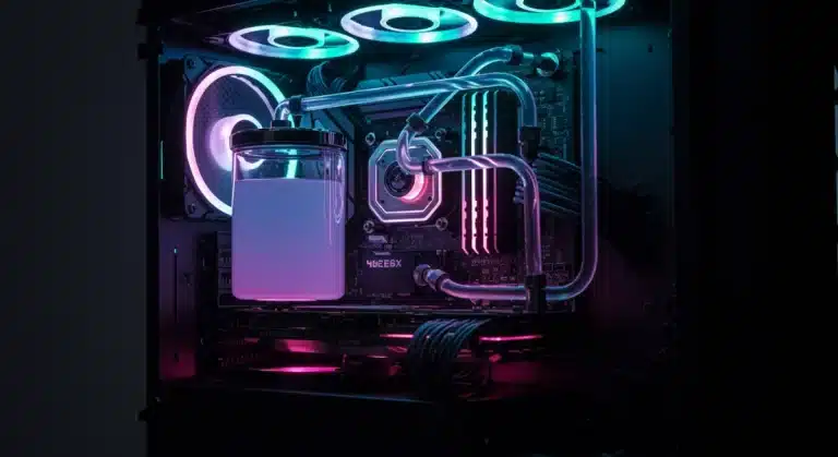 Futuristic custom water cooling loop in a high-performance gaming PC, 2026