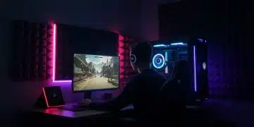 Futuristic gaming PC setup with acoustic panels for noise reduction