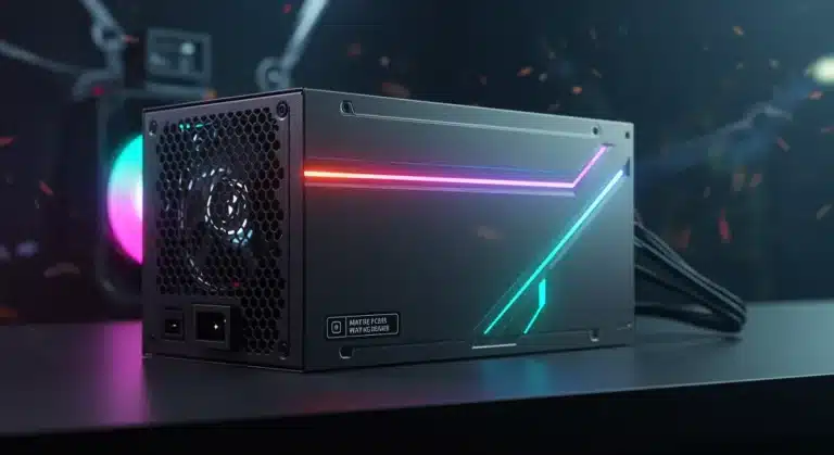 Futuristic gaming PC build showcasing a high-wattage power supply unit