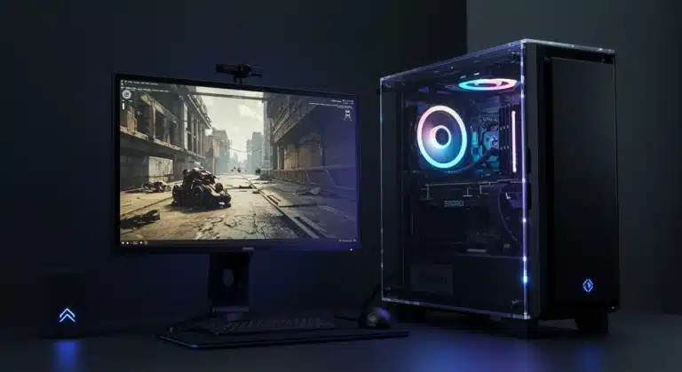 Futuristic gaming PC setup with advanced components and RGB lighting, symbolizing future-proof performance.