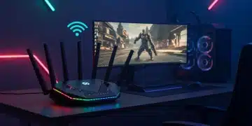 Futuristic gaming router with glowing lights on a desk next to a high-performance gaming PC setup, emphasizing optimal network connection for gaming in 2026.