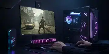 Futuristic gaming setup with high-performance PC and illuminated DDR5 RAM