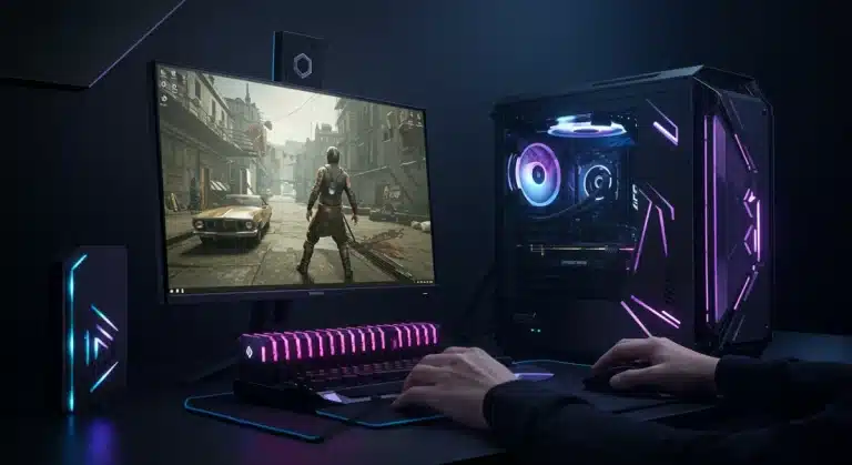 Futuristic gaming setup with high-performance PC and illuminated DDR5 RAM