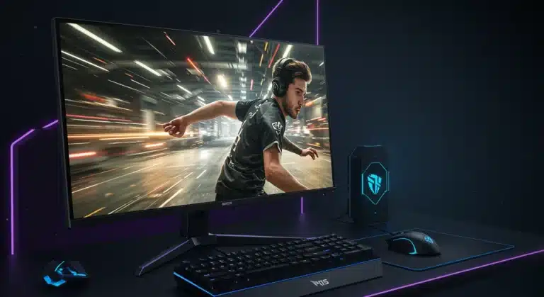 Futuristic gaming setup with high-refresh-rate monitor