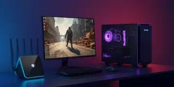 Futuristic gaming setup showcasing Wi-Fi 6E router and low-latency PC gaming