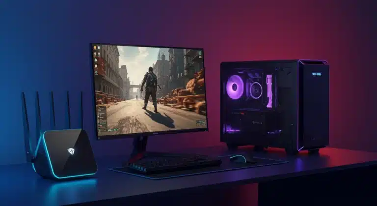 Futuristic gaming setup showcasing Wi-Fi 6E router and low-latency PC gaming