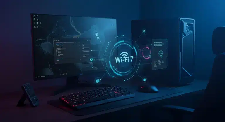 Futuristic gaming setup with Wi-Fi 7 optimization for low latency