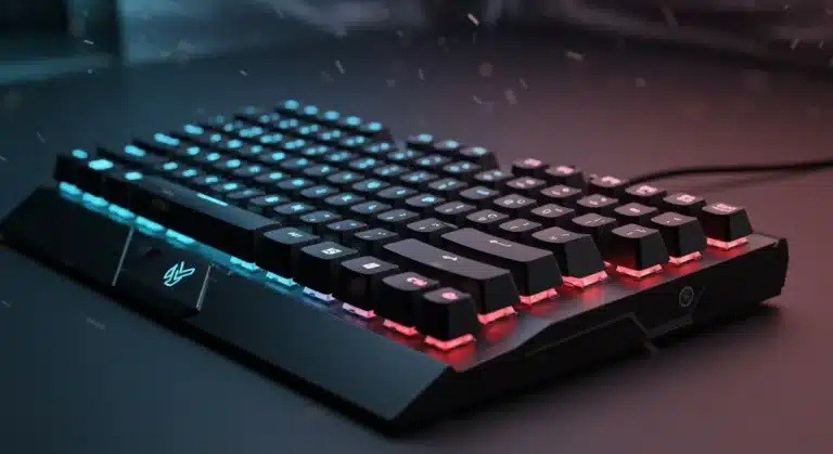 Futuristic gaming keyboard with magnetic switches and vibrant RGB lighting, indicating ultra-fast response for competitive gaming.