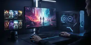 Futuristic PC gaming setup showcasing unannounced game predictions for 2026