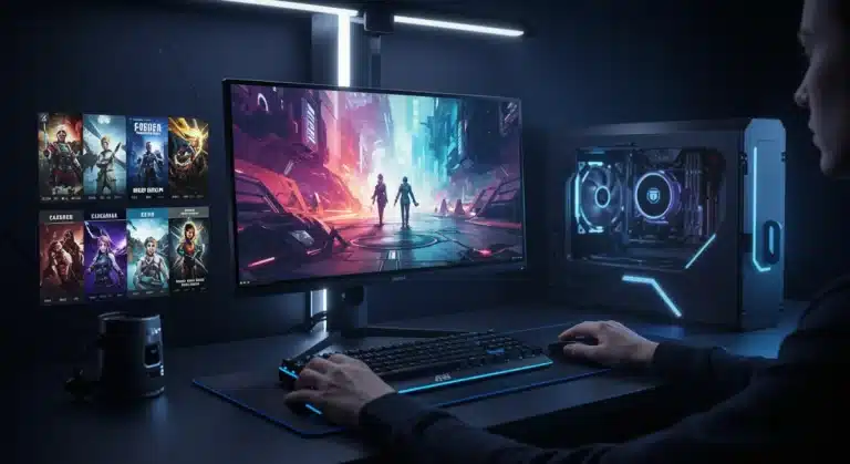 Futuristic PC gaming setup showcasing unannounced game predictions for 2026