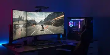 Futuristic PC gaming setup with multiple monitors and vibrant RGB lighting