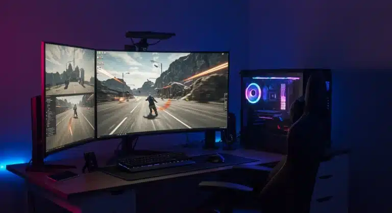 Futuristic PC gaming setup with multiple monitors and vibrant RGB lighting