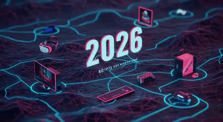 Futuristic digital network connecting gaming devices, representing new PC gaming subscription services in 2026 and beyond.