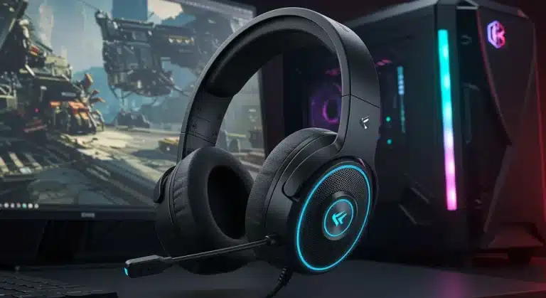 Futuristic gaming headset with planar magnetic drivers on a high-end gaming desk setup, showcasing advanced audio technology