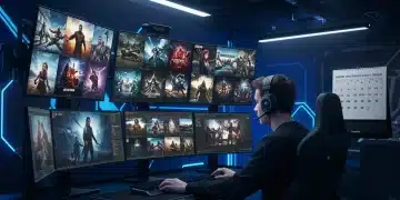 Gamer planning his 2026 PC game launch schedule on a multi-screen setup