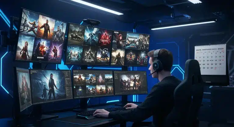 Gamer planning his 2026 PC game launch schedule on a multi-screen setup