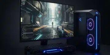 Gaming setup with powerful GPU rendering ray traced AAA game visuals