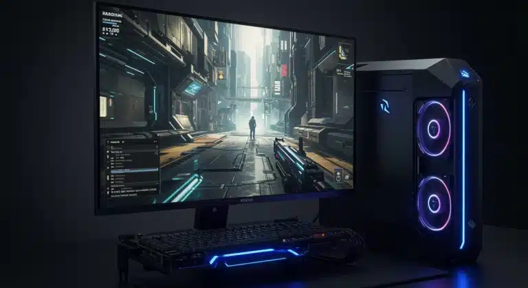Gaming setup with powerful GPU rendering ray traced AAA game visuals