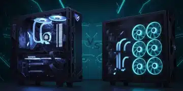 Liquid cooling system with glowing tubes next to an air cooler with large fans in a high-performance PC setup.